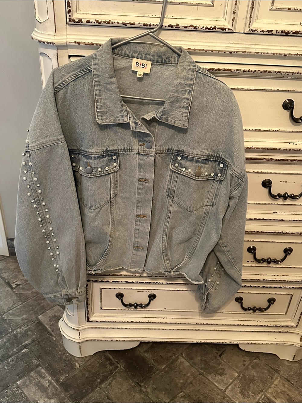 BiBi Light Gray Pearl-Studded Denim Jacket